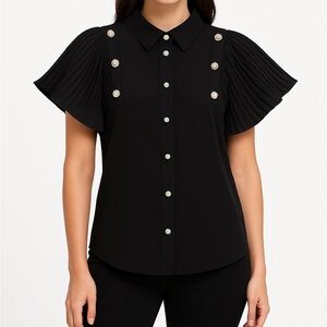 A.Z.I. New York NWT Black Blouse XS – Pearl Pleated Flutter Sleeve Top